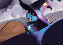 Size: 4960x3508 | Tagged: safe, artist:toisanemoif, derpibooru import, trixie, pony, unicorn, cape, detailed background, female, hat, looking at you, mare, signature, smiling, solo, teeth, trixie's cape, trixie's hat, underhoof