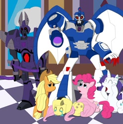 Size: 1214x1219 | Tagged: safe, applejack, fluttershy, pinkie pie, rarity, earth pony, pegasus, pony, unicorn, cyclonus, scourge, transformers