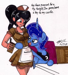 Size: 1049x1157 | Tagged: safe, artist:newyorkx3, prince artemis, princess luna, human, dialogue, flirting, human female, rule 63, traditional art, waitress