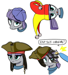 Size: 700x776 | Tagged: safe, artist:foudubulbe, derpibooru import, maud pie, trixie, pony, comic:damp rocks, beret, hat, jack sparrow, jester hat, pirate hat, profile, simple background