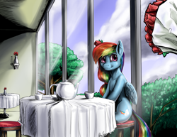 Size: 1920x1483 | Tagged: safe, artist:aphexangel, rainbow dash, pegasus, pony, crepuscular rays, cup, date, female, interior, looking at you, mare, restaurant, rose, sitting, smiling, solo, table, teapot, window