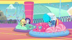 Size: 1920x1080 | Tagged: safe, derpibooru import, screencap, applejack, rarity, trixie, better together, equestria girls, rollercoaster of friendship, bumper cars, cotton candy