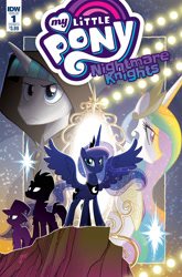 Size: 1186x1800 | Tagged: safe, artist:tonyfleecs, derpibooru import, idw, fizzlepop berrytwist, princess celestia, princess luna, stygian, tempest shadow, trixie, alicorn, pony, nightmare knights, spoiler:comic, spoiler:comicnightmareknights01, cover