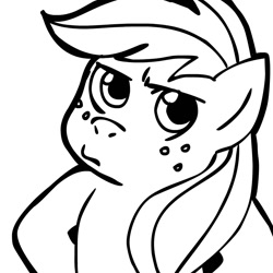 Size: 945x945 | Tagged: safe, artist:megasweet, applejack, earth pony, pony, hatless, missing accessory, monochrome, pouting, reaction image, solo