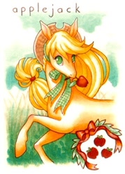 Size: 300x420 | Tagged: safe, artist:cassiefrese, applejack, earth pony, pony, apple, food, mouth hold, solo