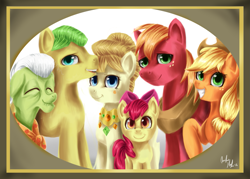 Size: 1701x1219 | Tagged: safe, artist:hungrychickens, apple bloom, applejack, aunt orange, big macintosh, granny smith, uncle orange, earth pony, pony, elderly, female, filly, food, male, mare, stallion, the oranges