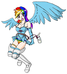 Size: 857x949 | Tagged: safe, artist:eradose, rainbow dash, human, breasts, cleavage, clothes, cosplay, dress, female, humanized, nanael, panties, queen's blade, rainbow underwear, shoes, simple background, skirt, sneakers, solo, striped underwear, transparent background, underwear, upskirt, winged humanization