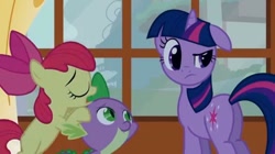 Size: 636x355 | Tagged: safe, derpibooru import, screencap, apple bloom, spike, twilight sparkle, dragon, butt, plot