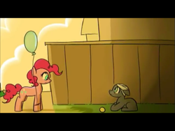 Size: 617x463 | Tagged: safe, artist:swomswom, pinkie pie, oc, earth pony, pony, balloon, bandage, colt, duo, feels, female, flash, foal, looking at each other, male, mare, sad