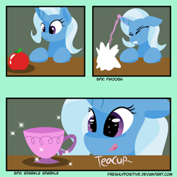 Size: 2000x2000 | Tagged: safe, artist:freshlypositive, derpibooru import, trixie, pony, unicorn, apple, comic, cup, eyes closed, female, floppy ears, food, hooves, horn, lineless, magic, mare, open mouth, solo, teacup, teeth, that pony sure does love teacups