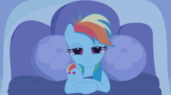 Size: 1600x892 | Tagged: safe, artist:sevenfates, rainbow dash, pegasus, pony, bed, female, mare, on back, plushie, sleepy, solo