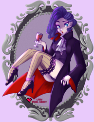 Size: 2975x3850 | Tagged: safe, artist:ladypixelheart, rarity, human, vampire, clothes, cosplay, dracula, high heels, humanized, lipstick, panties, purple underwear, socks, thigh highs, underwear, wine