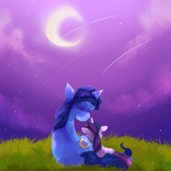 Size: 600x600 | Tagged: safe, artist:cheerubi, derpibooru import, night light, twilight sparkle, pony, unicorn, cutie mark, duo, father and child, father and daughter, female, filly, grass, horn, lying down, male, meteor shower, moon, night, parent and child, smiling, snuggling, stars