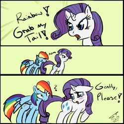 Size: 679x675 | Tagged: safe, artist:kudalyn, rainbow dash, rarity, pegasus, pony, unicorn, blushing, comic, confused, crying, cute, dialogue, duo, eye contact, female, floppy ears, frown, gently please, glare, grab my meme, green background, lidded eyes, looking at each other, looking back, mare, meme, nom, open mouth, pose, question mark, raised hoof, sad, signature, simple background, spread wings, tail bite, teary eyes, text, wide eyes, wings