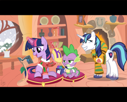 Size: 1280x1024 | Tagged: safe, artist:facelessjr, shining armor, spike, twilight sparkle, dragon, pony, unicorn, book, clothes, fake screencap, golden oaks library, hub logo, knitting, magic, sweater, yarn