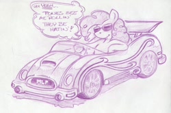 Size: 1054x694 | Tagged: safe, artist:trollie trollenberg, pinkie pie, earth pony, pony, semi-anthro, car, female, monochrome, solo, sunglasses, traditional art