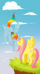 Size: 600x1088 | Tagged: safe, artist:cartoonlion, fluttershy, rainbow dash, pegasus, pony, boop, cliff, eyes closed, female, flutterdash, flying, lesbian, mare, noseboop, nuzzling, shipping, smiling, spread wings, wings