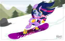 Size: 3000x1900 | Tagged: safe, artist:killryde, derpibooru import, twilight sparkle, clothes, goggles, scarf, snowboard, snowboarding, solo