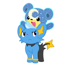 Size: 2500x2500 | Tagged: dead source, safe, artist:navitaserussirus, derpibooru import, trixie, ursa minor, crossover, cub, duo, pokefied, pokémon, riding, shinx, simple background, teddiursa, transparent background, unamused, ursa minimus