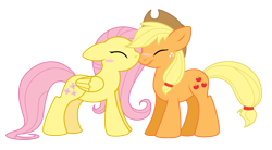 Size: 1355x747 | Tagged: safe, artist:selective-yellow, applejack, fluttershy, earth pony, pegasus, pony, appleshy, blush sticker, blushing, cute, eyes closed, female, floppy ears, kissing, lesbian, mare, nuzzling, shipping, simple background, smiling, transparent background