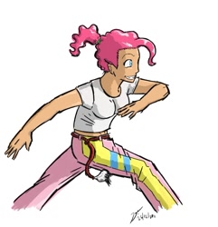 Size: 840x871 | Tagged: safe, artist:netcyber, pinkie pie, human, capoeira, female, grin, humanized, martial arts, midriff, my little asskicker, simple background, smiling, solo, white background