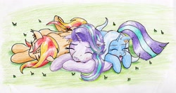 Size: 3419x1820 | Tagged: safe, artist:40kponyguy, derpibooru exclusive, derpibooru import, starlight glimmer, sunset shimmer, trixie, unicorn, counterparts, cuddle puddle, cuddling, cute, ear fluff, floppy ears, grass, magical trio, pony pile, sleeping, traditional art, twilight's counterparts
