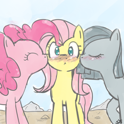 Size: 900x900 | Tagged: safe, artist:speccysy, fluttershy, marble pie, pinkie pie, earth pony, pegasus, pony, blushing, female, flutterpie, kiss on the cheek, kiss sandwich, kissing, lesbian, marbleshy, mare, pie sisters, shipping