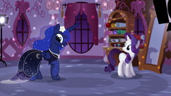 Size: 2500x1400 | Tagged: safe, artist:anarchemitis, princess luna, rarity, alicorn, pony, unicorn, clothes, dress