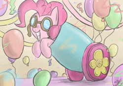 Size: 900x628 | Tagged: safe, artist:speccysy, pinkie pie, earth pony, pony, balloon, confetti, female, goggles, grin, mare, party, party cannon, pony cannonball, smiling, solo