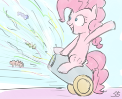 Size: 900x736 | Tagged: safe, artist:speccysy, pinkie pie, earth pony, pony, cannon, confetti, female, mare, party cannon, sitting, solo