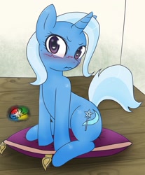 Size: 1536x1853 | Tagged: safe, artist:rockarboom, derpibooru import, trixie, blushing, cushion, cute, diatrixes, scrunchy face