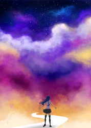 Size: 6997x9811 | Tagged: safe, artist:tao-mell, twilight sparkle, human, absurd resolution, arms wide open, clothes, cloud, female, humanized, path, skirt, socks, solo, thigh highs, windswept hair