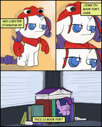 Size: 738x913 | Tagged: safe, artist:valcron, derpibooru import, rarity, twilight sparkle, lobster, pony, unicorn, book, book fort, comic, disguise, dog fort, filly, fort, fortress, parody, ponified, red lobster, younger