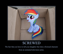 Size: 966x828 | Tagged: artist needed, source needed, safe, rainbow dash, pegasus, pony, fanfic:my little dashie, black background, box, demotivational poster, female, filly, foal, meme, pony in a box, simple background, solo, vector