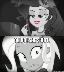 Size: 600x675 | Tagged: safe, derpibooru import, edit, edited screencap, screencap, rarity, trixie, better together, equestria girls, rarity investigates: the case of the bedazzled boot, image macro, implied lesbian, implied rarixie, lipstick, meme, oh no he's hot, rarity investigates (eqg): trixie, spongebob squarepants, squilliam returns, sweat, trixie yells at everything