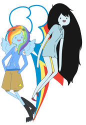 Size: 816x1189 | Tagged: safe, artist:giraffewizardry, rainbow dash, human, adventure time, blue skin, crossover, cutie mark background, duo, female, humanized, marceline, pony coloring, winged humanization