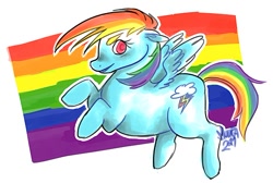 Size: 500x335 | Tagged: safe, artist:muura, rainbow dash, pegasus, pony, female, flag, flying, gay pride, gay pride flag, lgbt, mare, pride, pride flag, solo