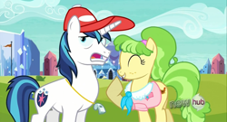 Size: 1366x738 | Tagged: safe, chickadee, ms. peachbottom, shining armor, pony, unicorn, games ponies play, fourth wall