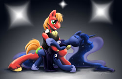 Size: 1275x825 | Tagged: safe, artist:zene, big macintosh, princess luna, alicorn, earth pony, pony, clothes, dancing, dress, lunamac, male, rose, shipping, stallion, straight, tango, vest