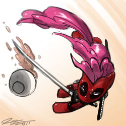 Size: 900x900 | Tagged: safe, artist:johnjoseco, pinkie pie, earth pony, pony, crossover, deadpool, female, food, mare, mouth hold, oatmeal, oats, pinkiepool, solo, sword, weapon