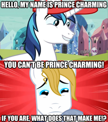 Size: 625x706 | Tagged: safe, edit, edited screencap, screencap, prince blueblood, shining armor, pony, unicorn, games ponies play, the best night ever, hat, hub logo, image macro, sunburst background