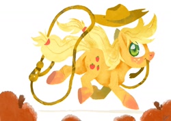 Size: 1200x849 | Tagged: safe, artist:kapieren, applejack, earth pony, pony, apple, food, lasso, mouth hold, solo