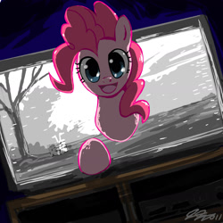 Size: 2400x2400 | Tagged: safe, artist:johnjoseco, pinkie pie, earth pony, pony, female, fourth wall, high res, looking at you, mare, smiling, solo, television, the ring, well