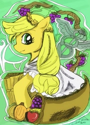 Size: 1123x1560 | Tagged: safe, artist:danielle-chan, applejack, earth pony, pony, caduceus, clothes, cornucopia, demeter, greek mythology, hatless, missing accessory, solo, wreath