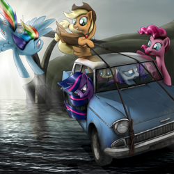 Size: 2048x2048 | Tagged: safe, artist:nbd-four, derpibooru import, applejack, fluttershy, pinkie pie, rainbow dash, rarity, twilight sparkle, earth pony, pegasus, pony, unicorn, car, ford, ford anglia, harry potter, high res, mane six, parody