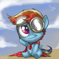 Size: 1000x1000 | Tagged: safe, artist:aphexangel, rainbow dash, pegasus, pony, cape, clothes, filly, filly rainbow dash, foal, goggles, solo, younger