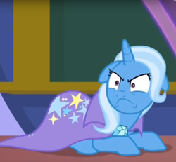 Size: 950x877 | Tagged: safe, derpibooru import, screencap, trixie, unicorn, a matter of principals, angry, annoyed, behaving like a cat, cape, clothes, cropped, cute, diatrixes, floppy ears, madorable, solo, trixie is not amused, trixie's cape, unamused