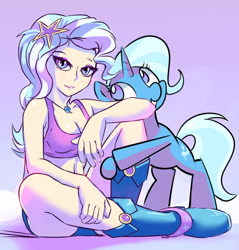 Size: 938x980 | Tagged: safe, artist:gsphere, derpibooru import, trixie, human, pony, unicorn, clothes, female, hug, human ponidox, humanized, looking at you, mare, smiling