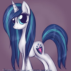 Size: 2000x2000 | Tagged: safe, artist:princesscadenza, gleaming shield, shining armor, pony, unicorn, female, gradient background, looking at you, mare, rule 63, side view, smiling, smiling at you, solo, wet mane