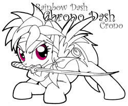 Size: 649x540 | Tagged: safe, artist:inkwell, rainbow dash, pegasus, pony, chrono trigger, crono, crossover, mouth hold, simple background, solo, sword, text, white background